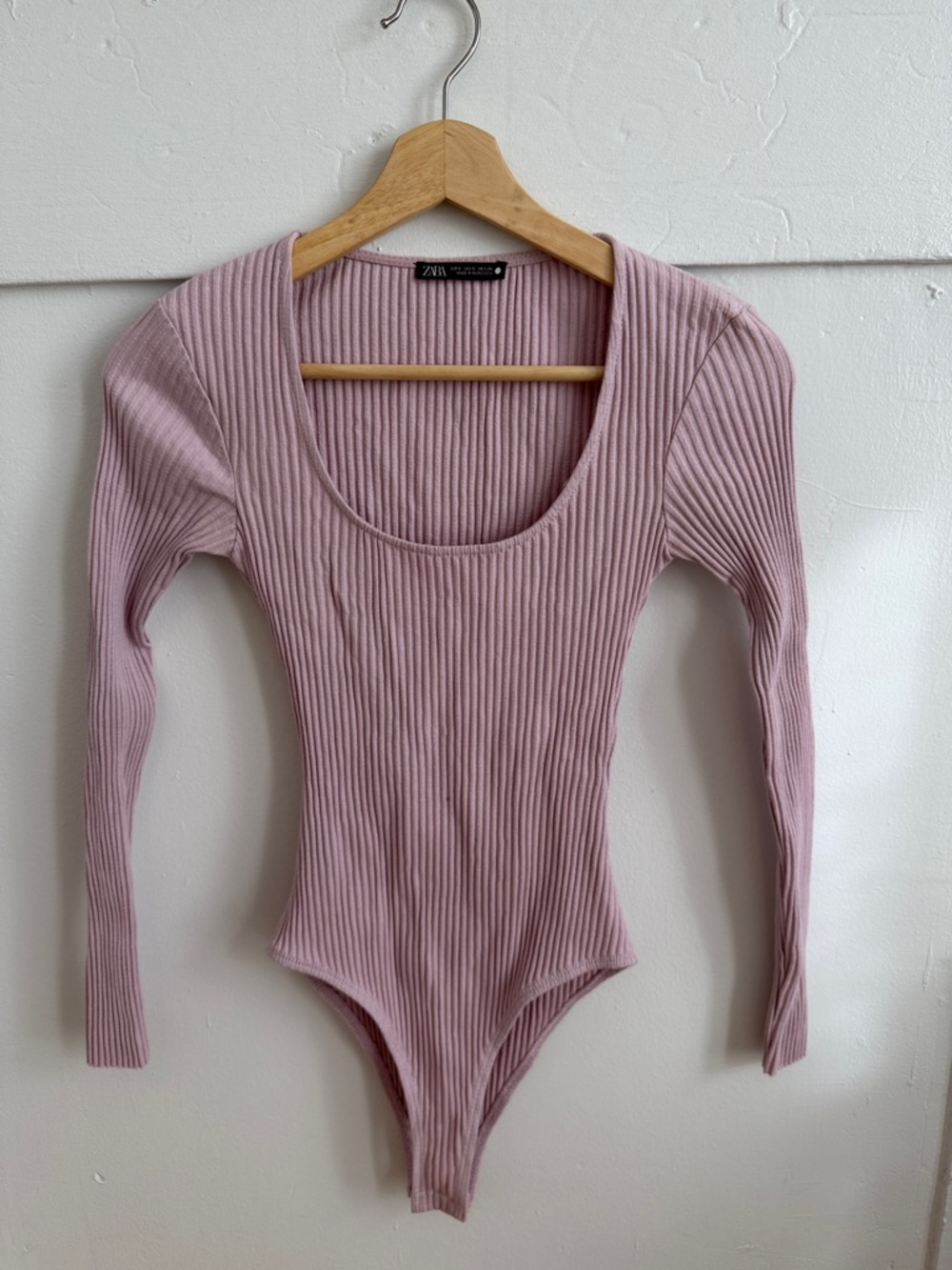Zara Dusty Pink Ribbed Long-Sleeve Scoop Bodysuit